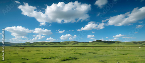 The grassland and woods under the blue sky and white clouds	
