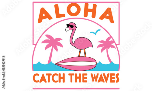 Cute pink flamingo wearing sunglasses surfs on a pink surfboard in the ocean with palm trees and the words aloha catch the waves