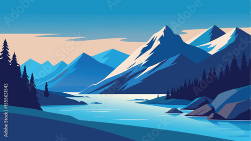 A scenic view of mountains and water in a flat design style landscape illustration