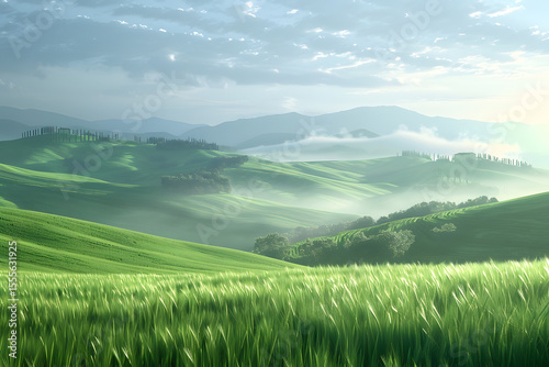The grassland and woods under the blue sky and white clouds	
