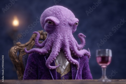 Purple octopus with suit sitting at table with wine glass, formal and bizarre concept