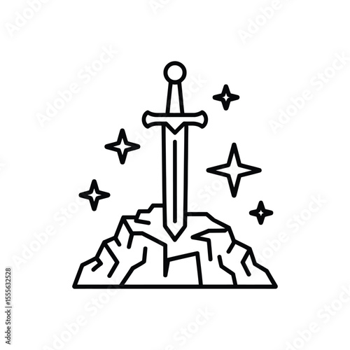 Sword in Stone Icon with Stars Fantasy Line Art