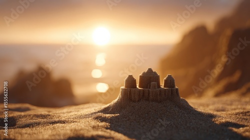 Sandcastle sunset, beach vacation, summer fun, childhood memories, travel destination