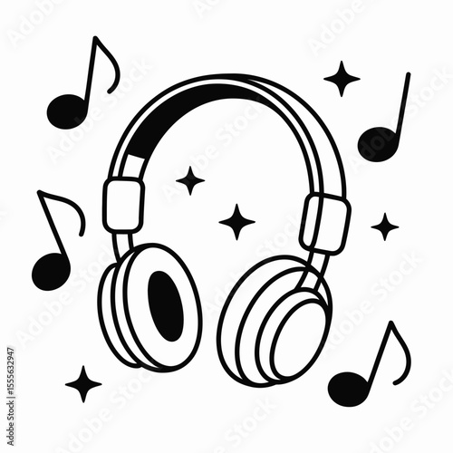 Headphones with Music Notes and Stars in Black and White