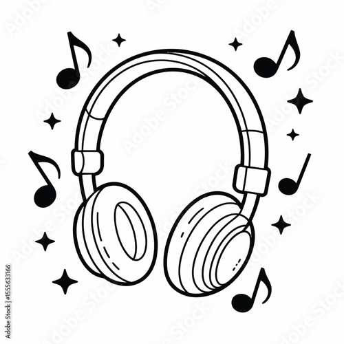 Headphones surrounded by music notes and stars black and white