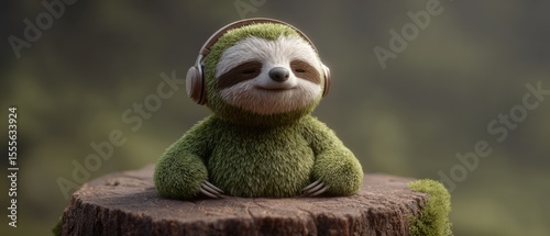 Cute sloth listening to music with headphones on tree stump, relaxed mood in forest