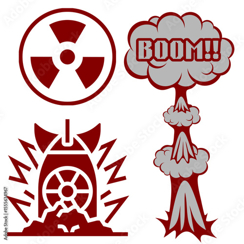 vector illustration set of images of missiles and nuclear bomb explosion effects
