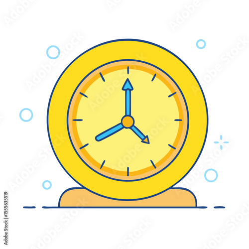 A bright yellow alarm clock with blue hands indicating the time