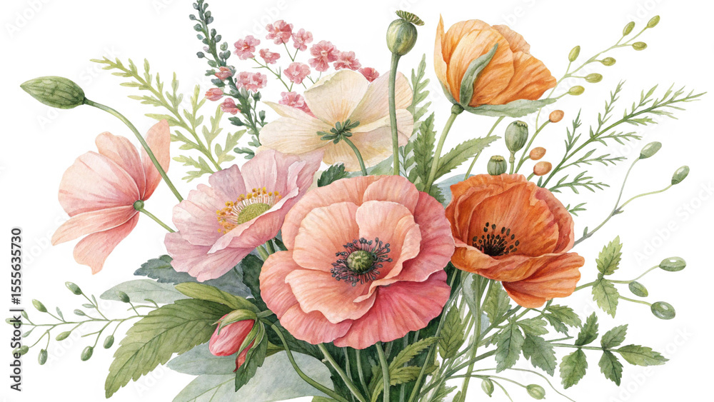Naklejka premium Blush & Bloom Watercolor Poppies in Harmony
