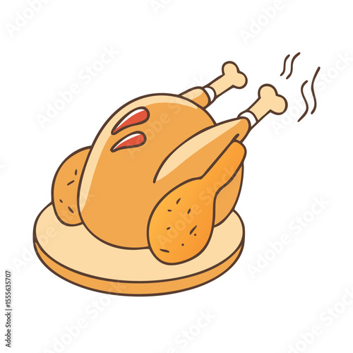 Whimsical cartoon roasted chicken on a platter with steam