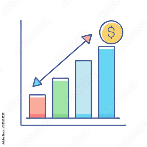 Bar chart showing upward trend with dollar coin and arrow