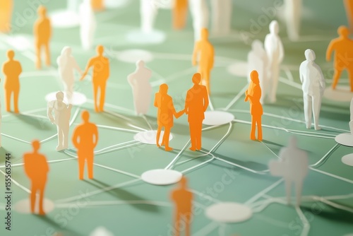 Stakeholder engagement and communication efforts illustrated through interconnected figures on a network map representing relationships and collaboration