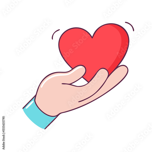 Open hand gently holding a red heart with a blue sleeve