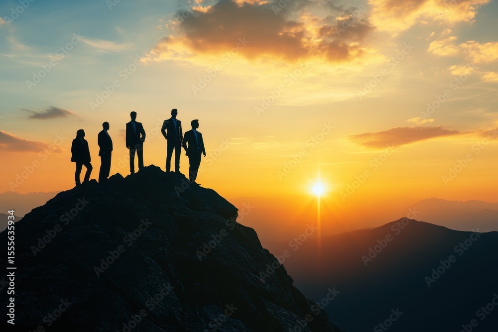 Fototapeta premium Silhouettes of business professionals standing on a rocky peak at sunset, overlooking a sprawling landscape during a moment of reflection and decision-making