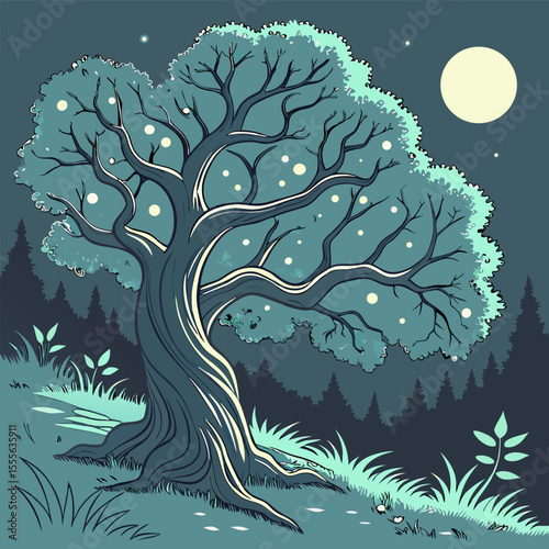 An enchanted tree with twisted branches, glowing fireflies surrounding it., illustration of a tree vector tree