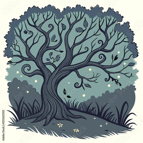 An enchanted tree with twisted branches, glowing fireflies surrounding it., illustration of a tree vector tree