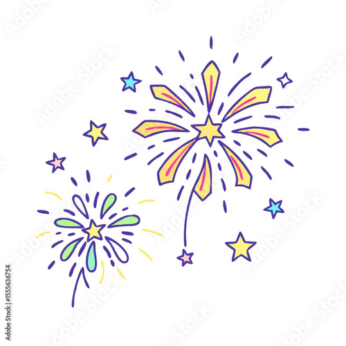 Whimsical hand drawn fireworks and stars celebration illustration