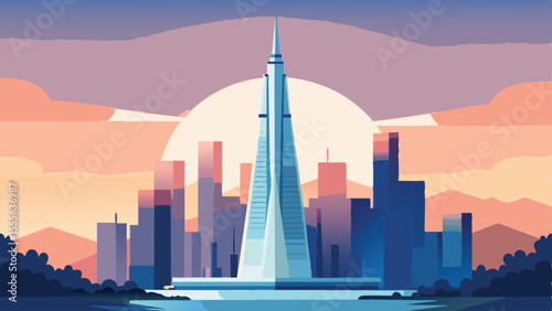 Tall building in a city with a sunset in the background view landscape illustration