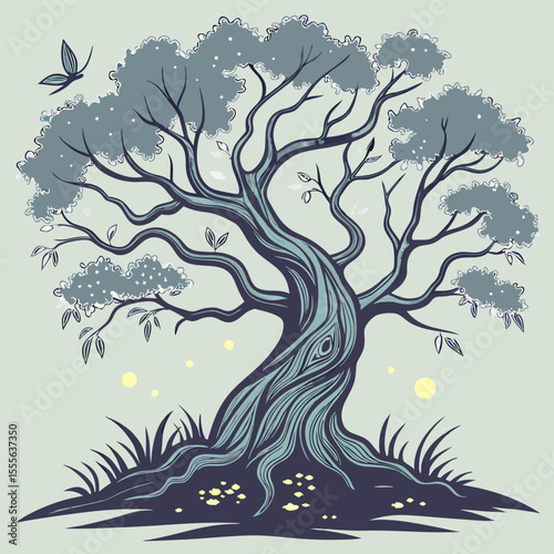 An enchanted tree with twisted branches, glowing fireflies surrounding it., illustration of a tree vector tree