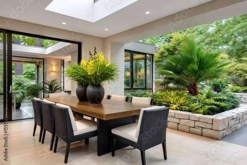 Modern dining room opening onto a beautiful garden with skylight