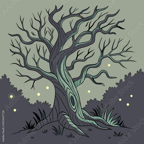 An enchanted tree with twisted branches, glowing fireflies surrounding it., illustration of a tree vector tree