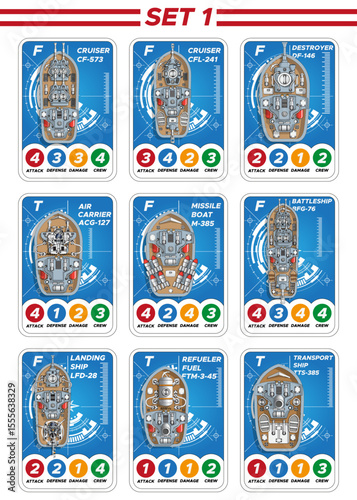 Set of playing cards with warships. View from above. Isolated on white background. Vector illustration.