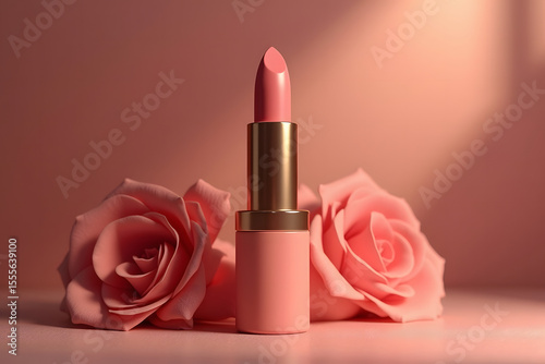 Pink Lipstick Tube with Roses on Soft Background for Beauty and Makeup Advertisement