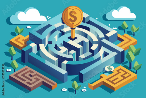 abstract business maze ending in money symbol