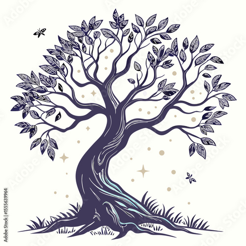 An enchanted tree with twisted branches, glowing fireflies surrounding it., illustration of a tree vector tree