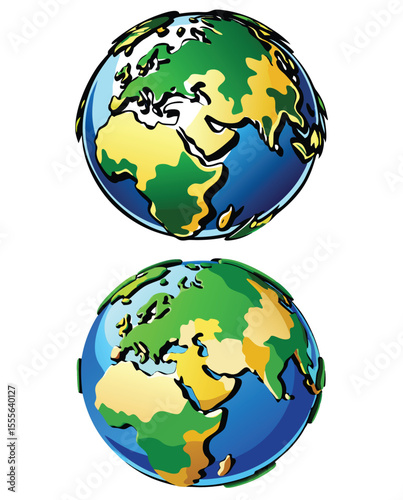 Two Colorful Cartoon Earth Globes Green Yellow Blue World Map Illustration vector