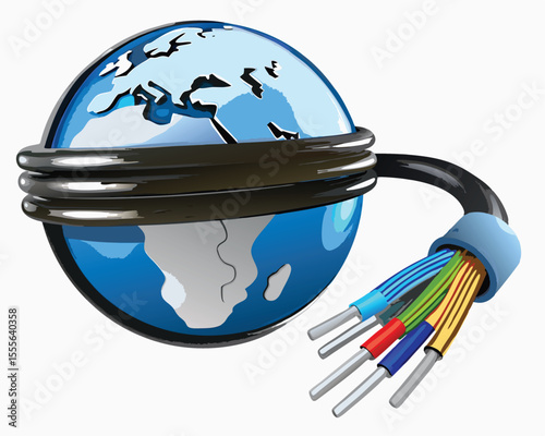 Global Network Cable Connection Blue Earth Globe Fiber Optic Wires Data Communication
