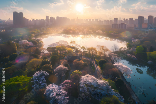 Aerial views of urban buildings and green parks	