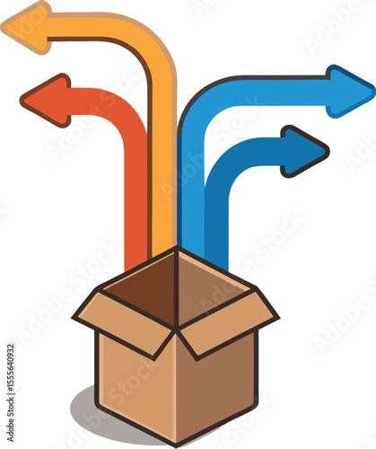 Three Curved Arrows Pointing into Open Brown Cardboard Box Delivery Logistics Concept Illustration