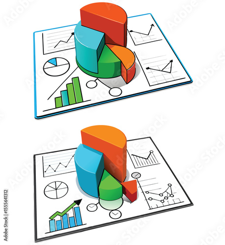 Two 3 D Pie Charts on Documents Showing Various Graphs and Data 3D pie chart data visualization