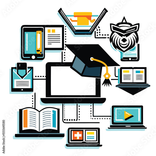 Online Education Concept Illustration Laptop Tablet Books Graduation Cap Elearning Digital Resources