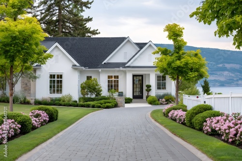 Beautiful white house with paved driveway and blooming flowers leading to Okanagan Lake