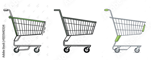 Three Empty Shopping Carts Illustration Green Accents Line Art Style White Background