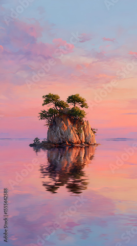 A tiny rocky island with a few trees is silhouetted against soft pastel tones of a colorful sunset sky with its reflection perfectly mirrored in calm still water