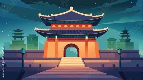 Graphic of an asian gate with stairs and pagodas in the night landscape illustration