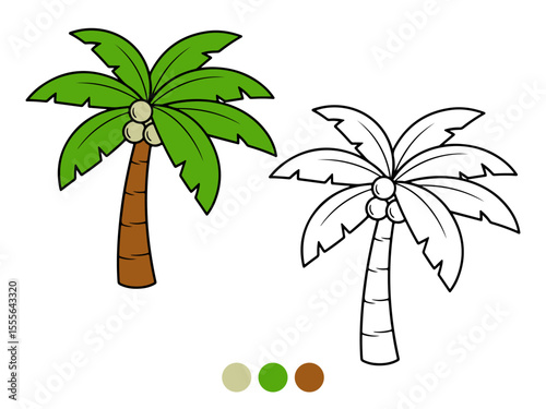 Cartoon illustration of a vibrant green coconut palm tree with coconuts, shown both colored and as an outline for coloring. Ideal for children's educational materials.