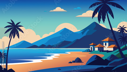 Coastal vista with palm trees and mountains in the distance landscape illustration