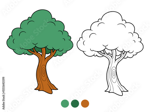 Cartoon illustration of a vibrant green deciduous tree with a brown trunk, shown both colored and as an outline for coloring. Ideal for children's educational materials.
