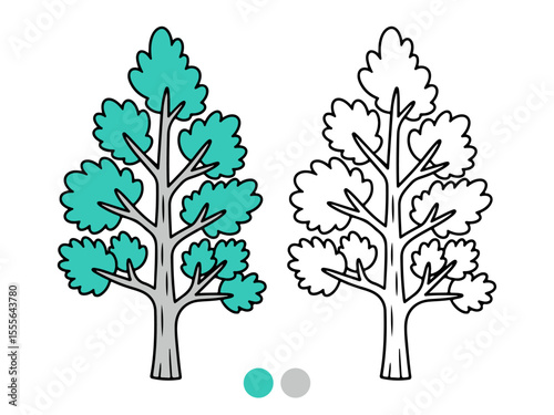 Stylized cartoon illustration of a tree with teal leaves and a grey trunk, presented both colored and as an outline for coloring. Ideal for kids' educational activities.