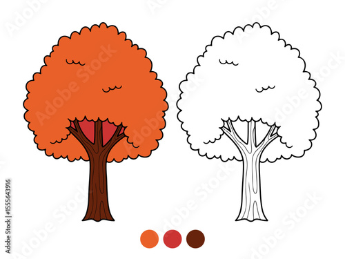 Cartoon illustration of an orange autumn tree, both colored and as an outline for coloring. Ideal for children's educational materials, fall themes, or craft activities.