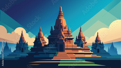 A stylized depiction of ancient temples against a cloudy sky landscape illustration