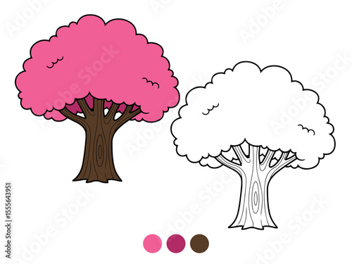 Cartoon illustration of a vibrant pink blossom tree, both colored and as an outline for coloring. Ideal for children's educational materials, spring themes, or craft activities.