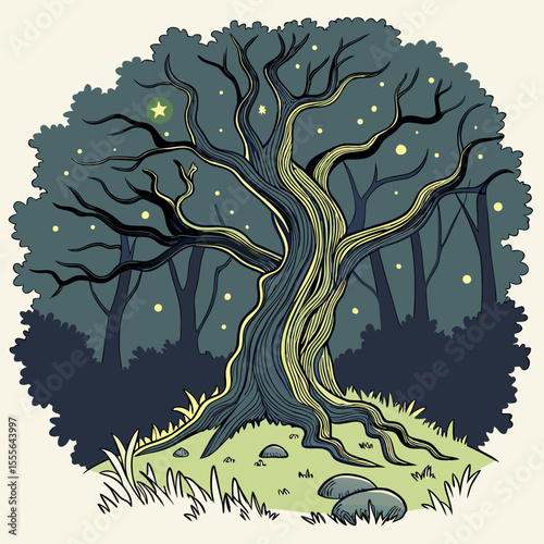 An enchanted tree with twisted branches, glowing fireflies surrounding it., illustration of a tree vector tree