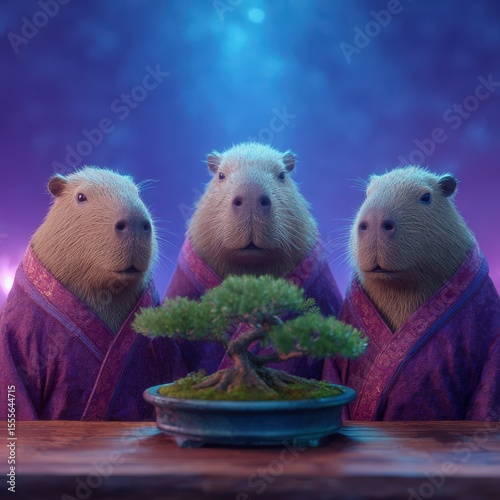Three capybaras meditate in robes with bonsai tree, zen concept, peaceful, animal