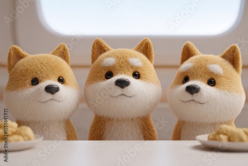 Three Shiba Inu dogs waiting at a table, cute and fluffy puppies looking up