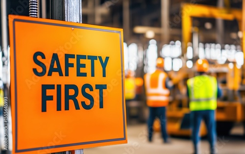 Bold “SAFETY FIRST” sign inside an industrial warehouse with blurred workers in the background.